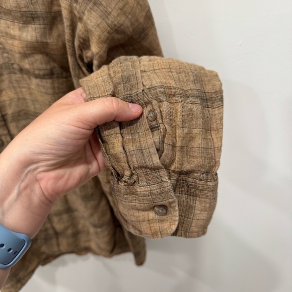 Faconnable Linen Long Sleeve Button Down Shirt Plaid Tan XXL Lagenlook - Picture 5 of 6